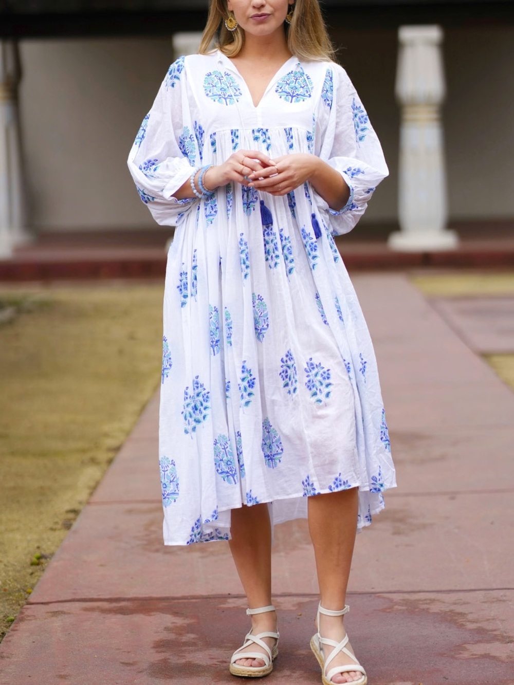 Mylah Midi Dress Block Printed Blue White Boho Flowy Cotton Romantic M